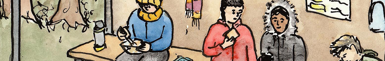 Detail from one of 30 ink and watercolour sketches by Sarah Hannis, provide an insight into the daily lives of migrant agricultural workers