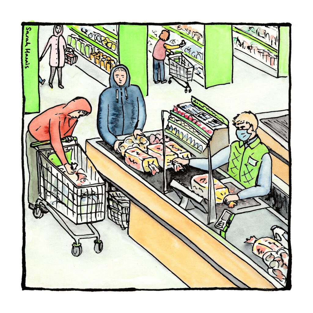 One of 30 ink and watercolour sketches by Sarah Hannis, provide an insight into the daily lives of migrant agricultural workers