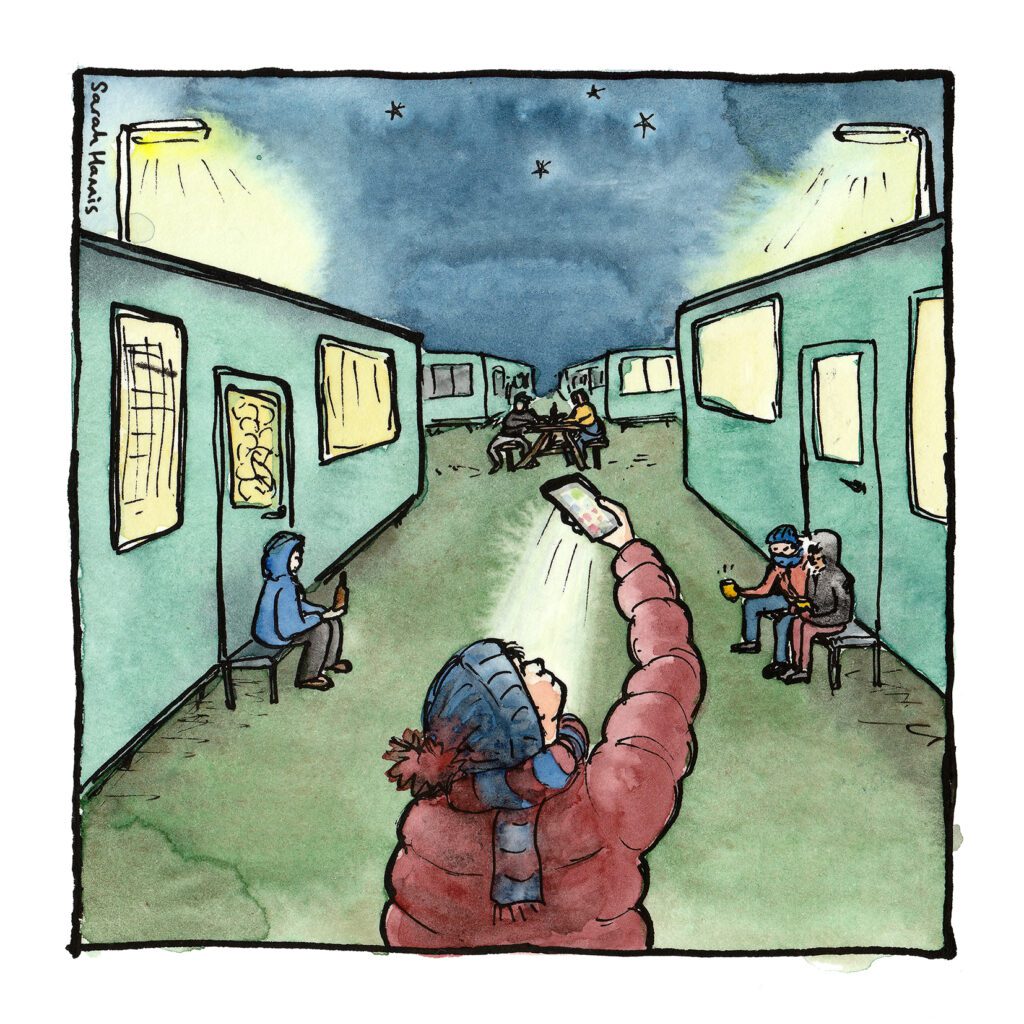 One of 30 ink and watercolour sketches by Sarah Hannis, provide an insight into the daily lives of migrant agricultural workers