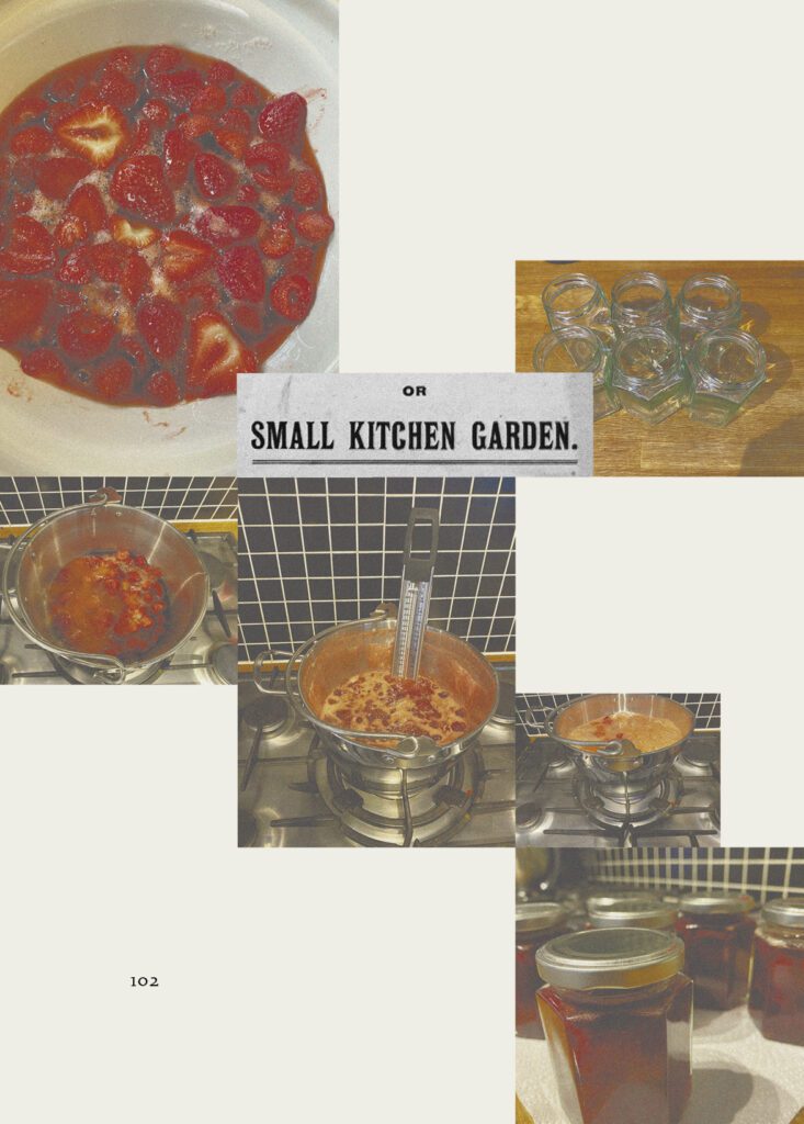 Jam making images and kitchen garden text from JC Niala, 'Portal: 1918 Allotment' (Fig: Oxford, 2022), p.102