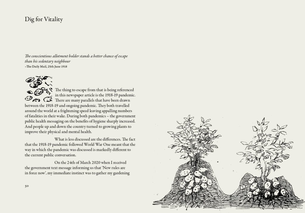 'Dig for Vitality' double-page spread from JC Niala, 'Portal: 1918 Allotment' (Fig: Oxford, 2022), pp.50-51