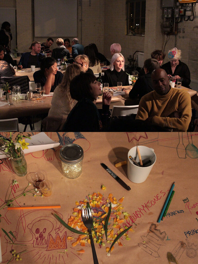 Images from the Jean-Michel Basquiat themed Artist Dining Room event hosted at Guest Projects, London on 31st January 2015, including people seated at tables and a place setting in detail.