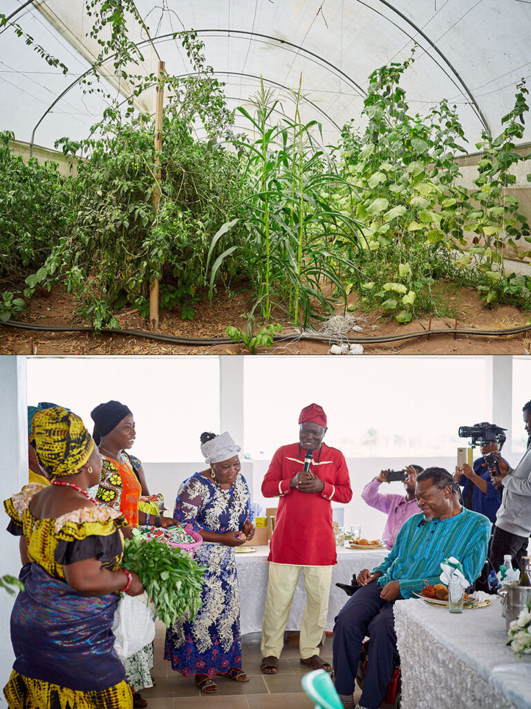 Crops inside a greenhouse and a fresh harvest presented to Yinka Shonibare by farmworkers at the launch.