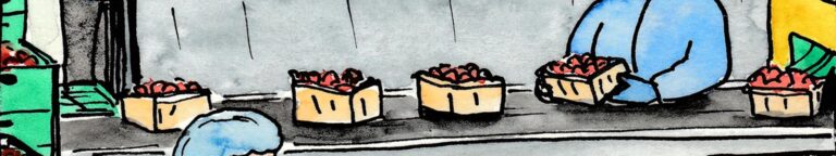 Detail from one of 30 ink and watercolour sketches by Sarah Hannis providing insight into the daily lives of migrant agricultural workers who came to the UK in 2021.