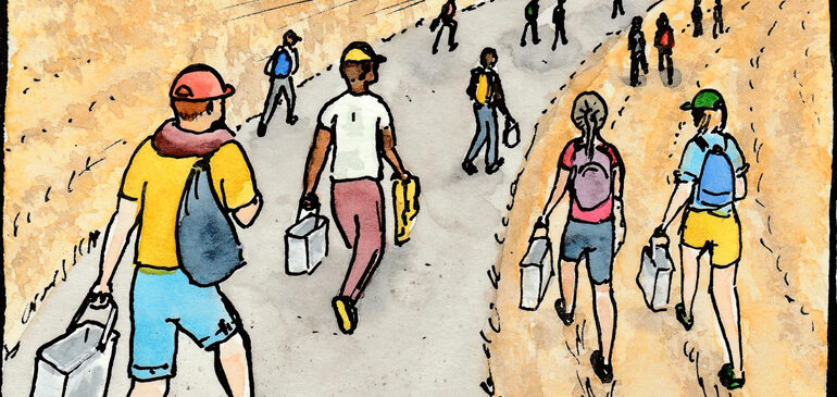 One of 30 ink and watercolour sketches by Sarah Hannis providing insight into the daily lives of migrant agricultural workers who came to the UK in 2021. This image shows workers walking to work.