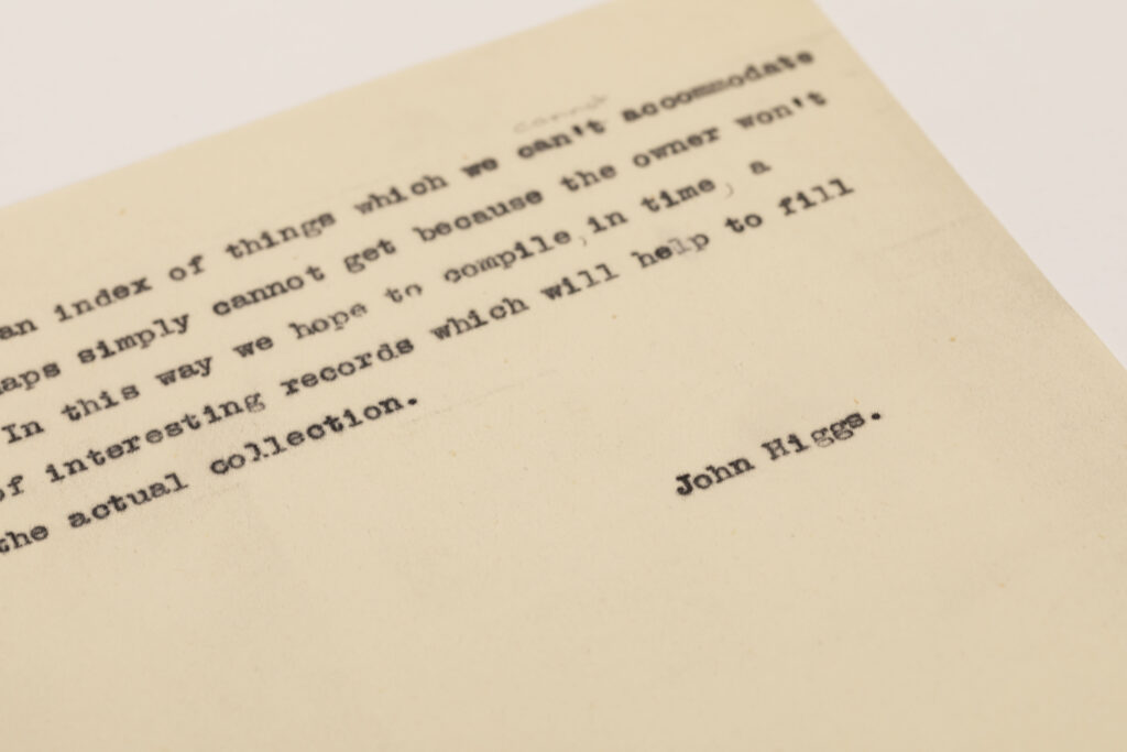 Detail of the final page of a draft, typewritten article by John Higgs entitled 'Making a Museum'