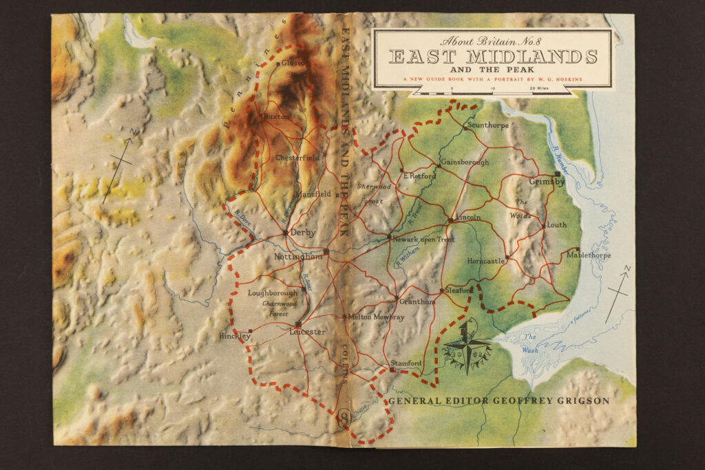 Dust jacket of W. G. Hoskins, 'About Britain No. 8: East Midlands and the Peak' (Collins / Festival of Britain: London, 1951)