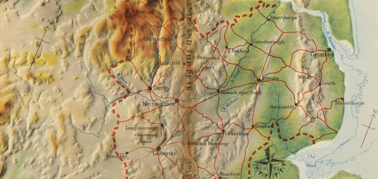 Dust jacket of W. G. Hoskins, 'About Britain No. 8: East Midlands and the Peak' (Collins / Festival of Britain: London, 1951)
