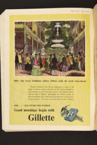 Gillette advert from Punch, 'The Festival of Punch: 1851-1951', 30 April 1951, featuring image of Great Exhibition crowds in 1851