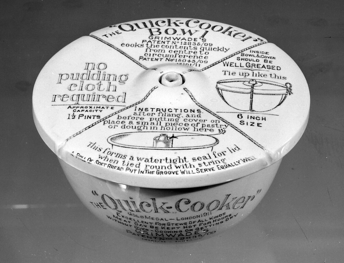 A 'Quick Cooker' bowl for cooking or re-heating food over water, dating from 1911.