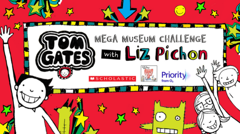 Brightly coloured cartoon graphic of Tom Gates Mega Museum Challenge designed by Liz Pichon