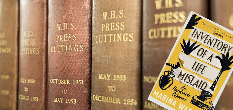 Spines of books of WHS press cuttings and an inset of the front cover of Inventory of a Life Mislaid by Marina Warner