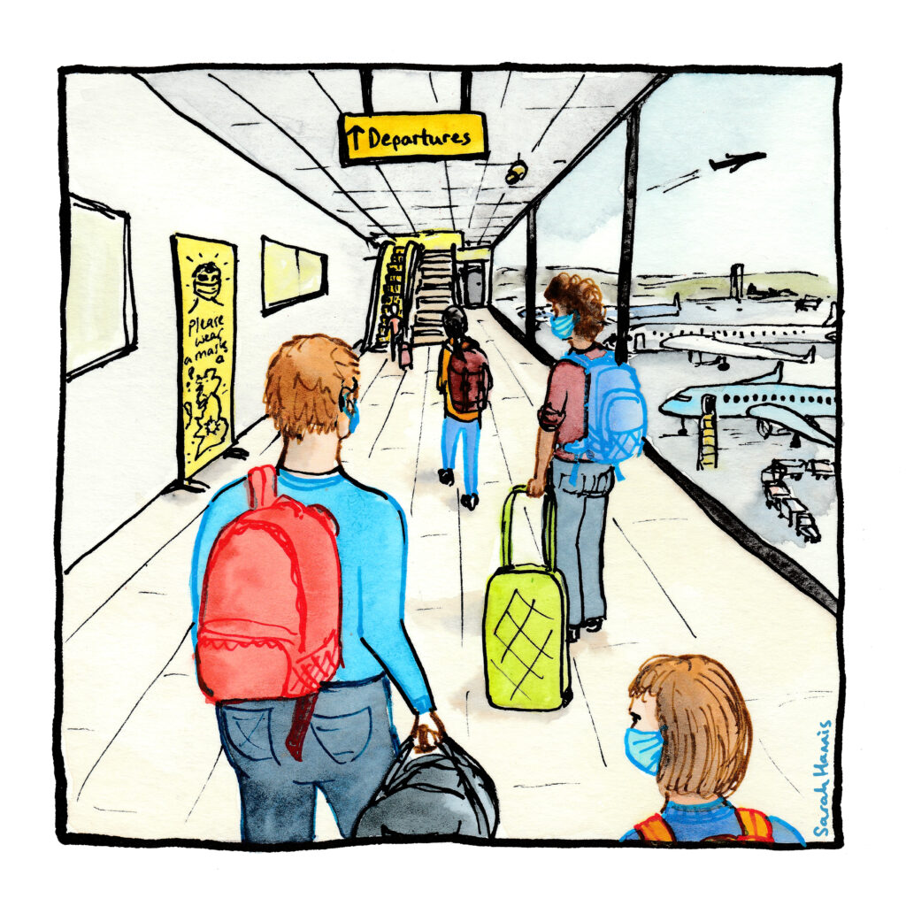 Watercolour sketch showing workers with bags in an airport.