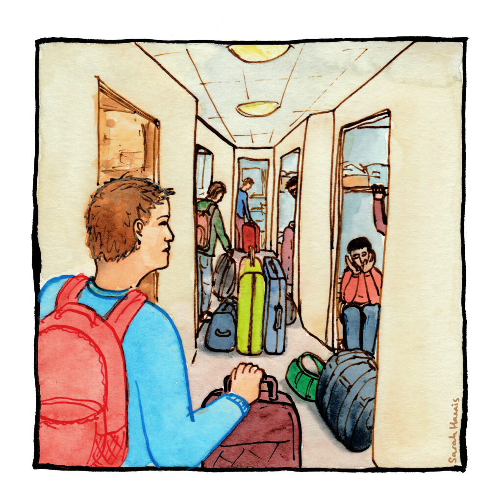 Watercolour sketch showing workers with suitcases in sleeping quarters.