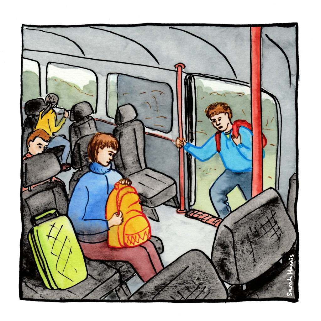 Watercolour sketch showing workers with bags barding a vehicle to move farms.