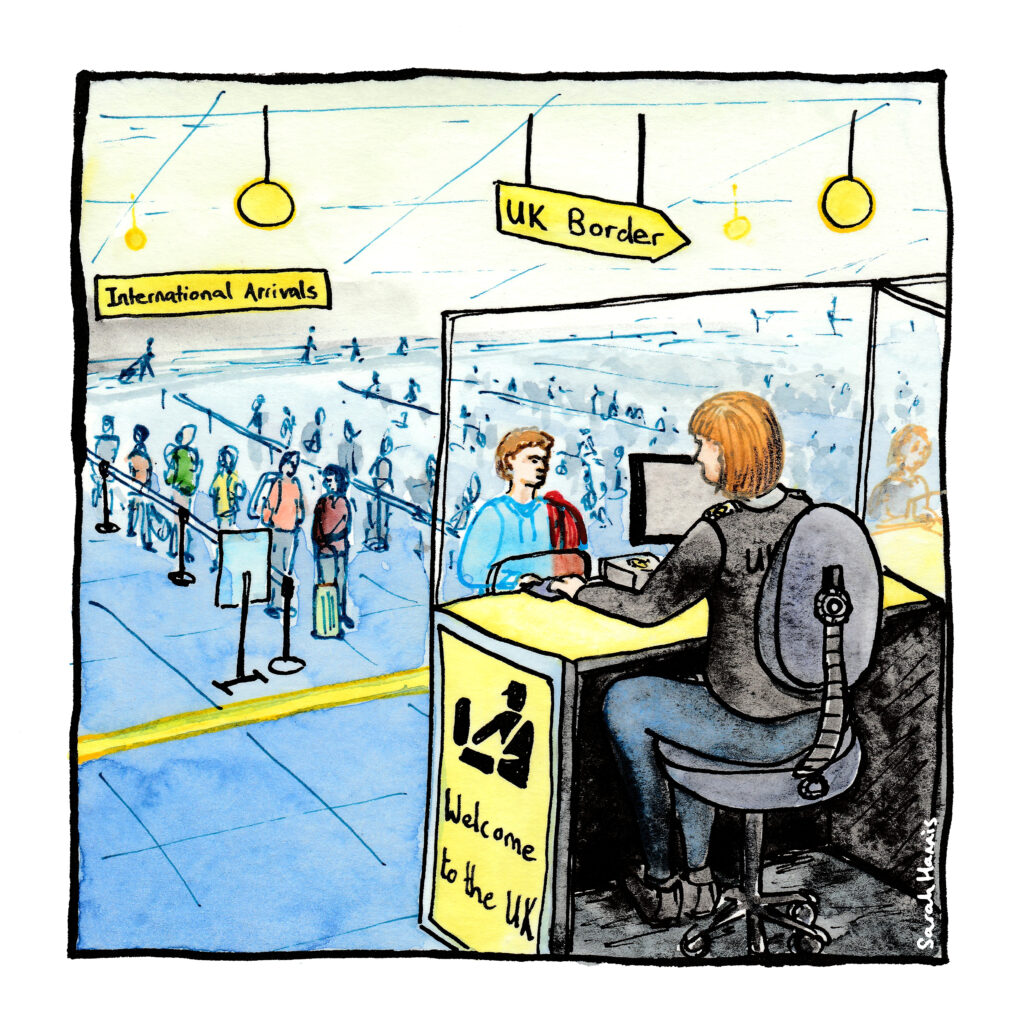 Watercolour sketch showing queues at the UK border, with a border control officer checking the papers of the individual standing at the desk.