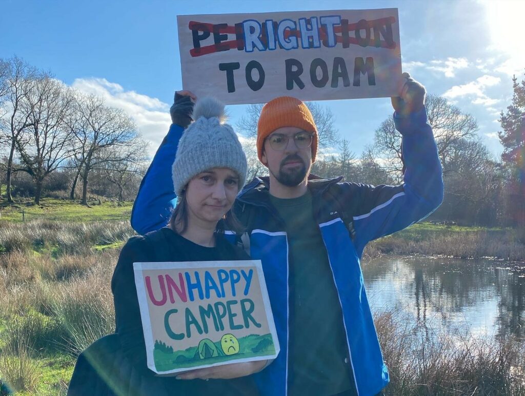 Unhappy campers Anne-Marie and Ryan with their Dartmoor protest signs demanding the right to roam.