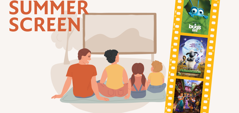 Illustration of a family watching films on a screen outdoors