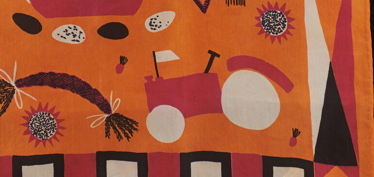 Detail of a square silk scarf screen printed and hand worked by designer Caitlin Hinshelwood, inspired by a visit to The MERL