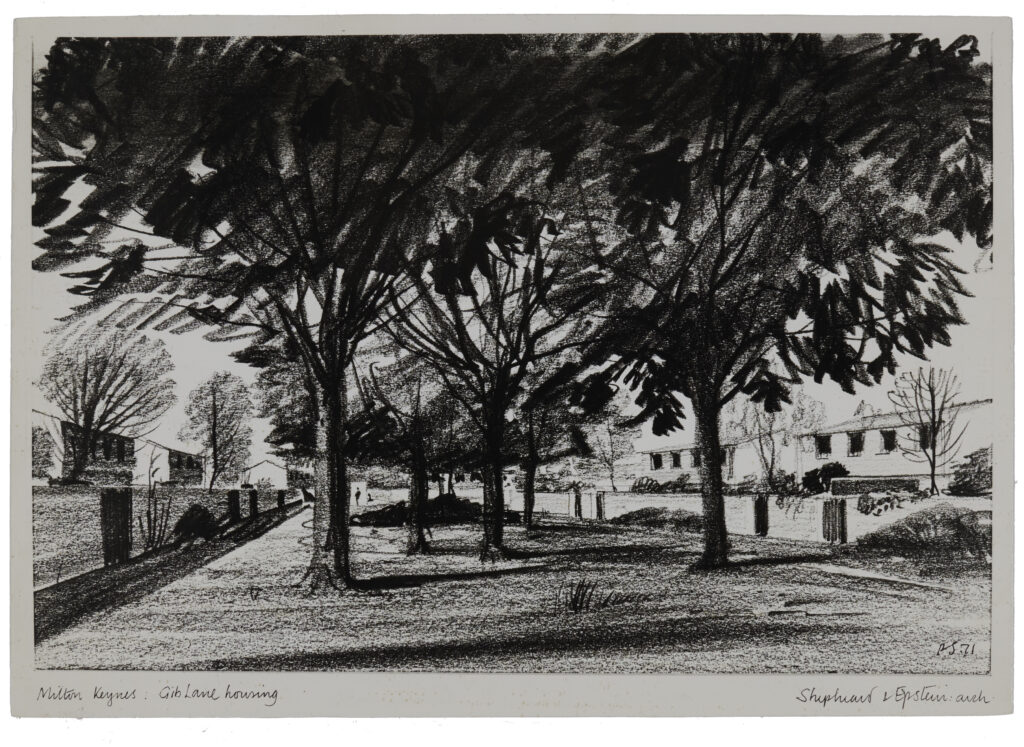 Peter Shepheard Monochromatic drawing of Milton Keynes Gib Lane Housing