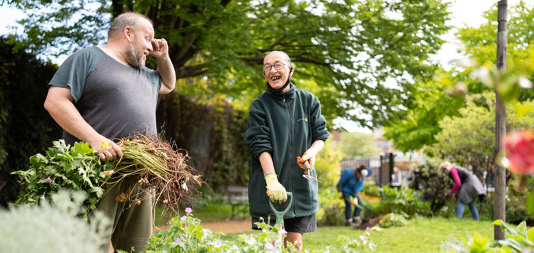 community gardeners laughing and digging in a sunny garden