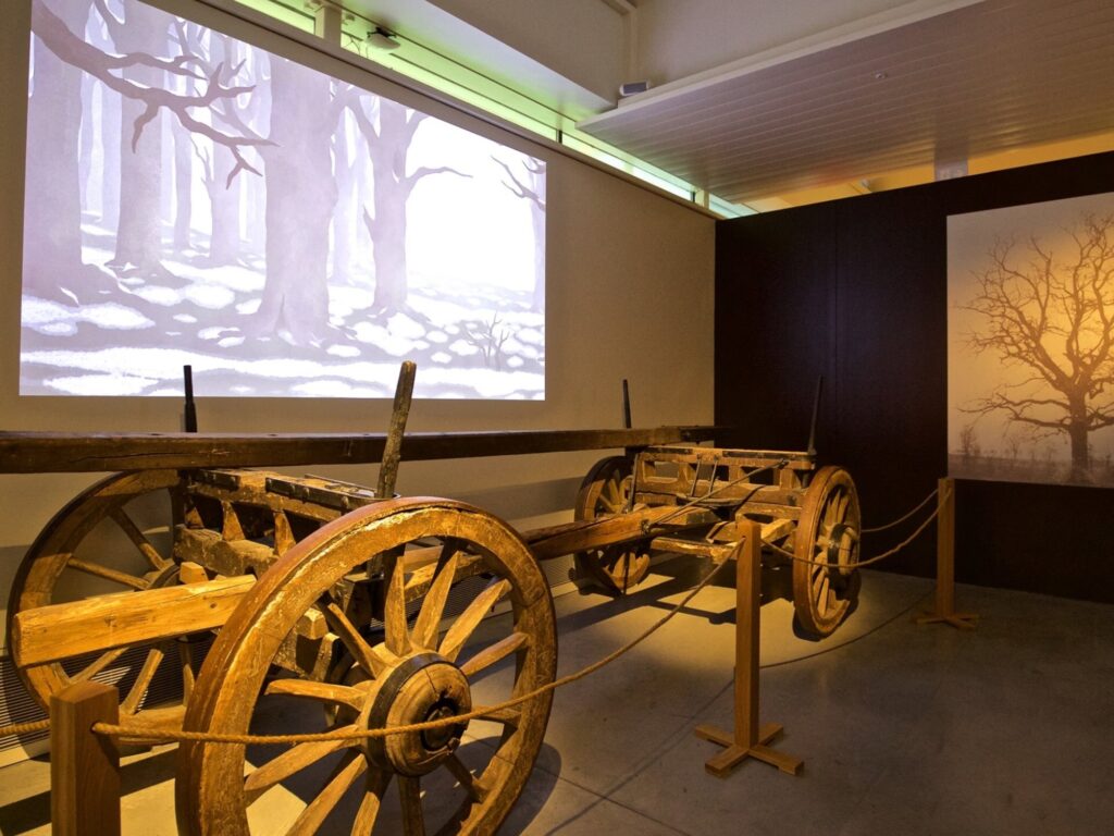 A cartoon animation of the seasons plays behind a timber carriage, with a black and white photograph of an oak tree on the wall to the right.