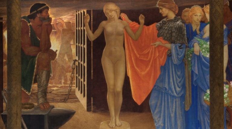 Egg tempura painting of Pandora. She is surrounded by other characters also from Greek Mythology.