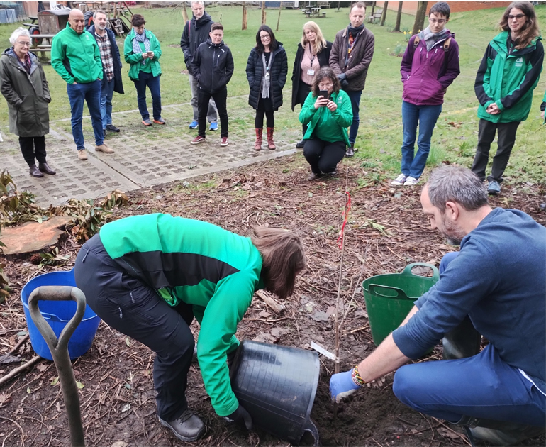 Members of Rainbow Canopy and MERL staff watch as a rowan tree is planted in the MERL garden as part of the Further Afield project