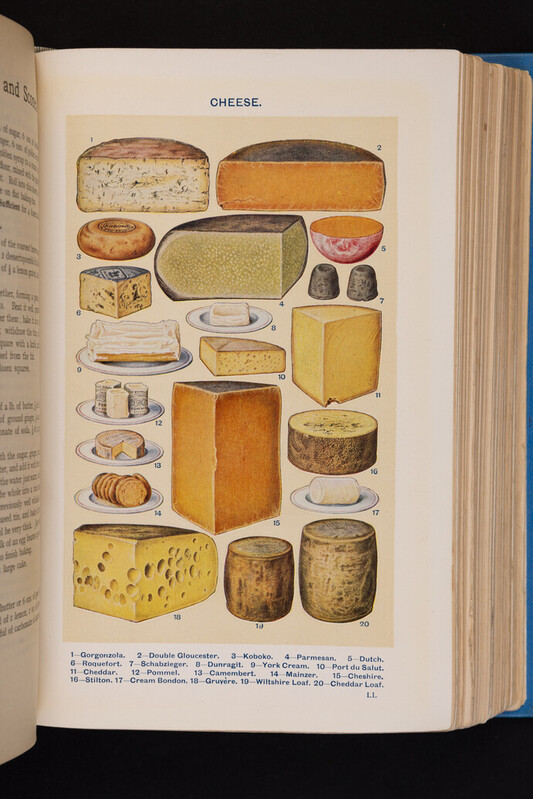 Colour plate featuring a variety of cheeses from Mrs Beeton's household management cookery book
