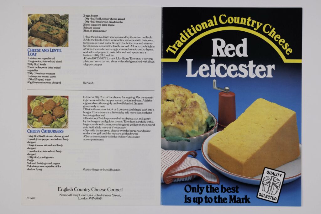 Colourful leaflet advertising Red Leicester including 2 recipes based on Red Leicester