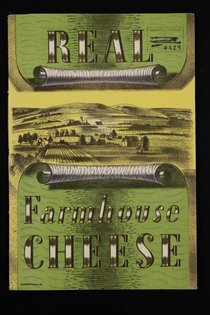 Photograph of the cover of a large format leaflet about Farmhouse cheese, featuring a typical English countryside scene engraved over green and yellow paper