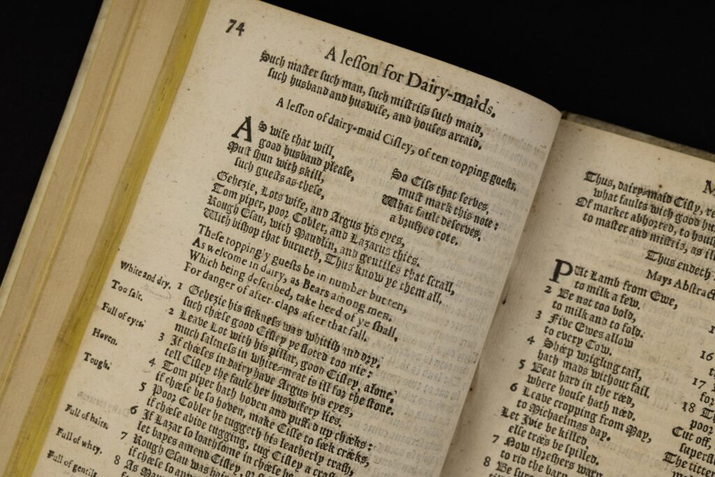 Printed text from page 74 of the 1585 publication "500 points of good husbandry" by Thomas Tusser. This page lists the features of a good cheese using similes in verse