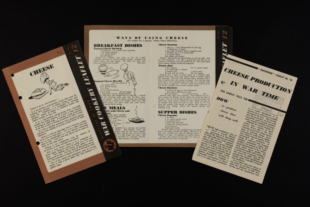 Selection of 3 pamphlets about cheesemaking and recipes based on cheese published in Britain during World War 2
