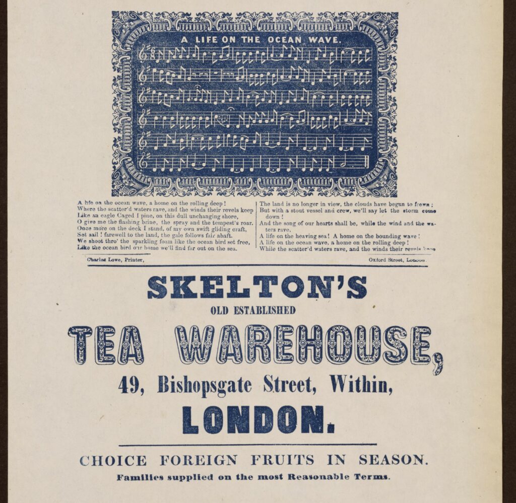 An advert for Skelton's tea warehouse, illustrated with a sea shanty and musical notation.