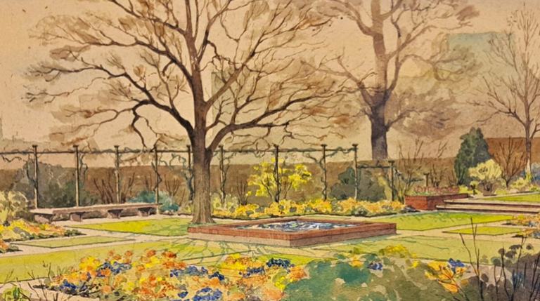 A. Hedley Richmond's drawing of a proposed garden and Lewisham Hospital