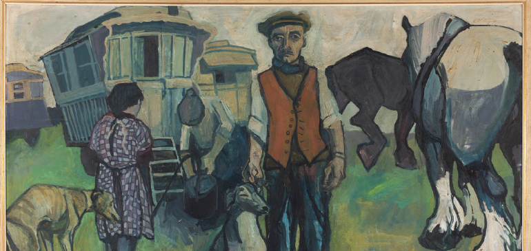 An unfinished painting from our collection, showing people beside a waggon and horses.