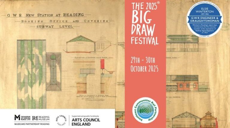 Front of flyer for Big Draw events in Reading with plan drawings of Reading station