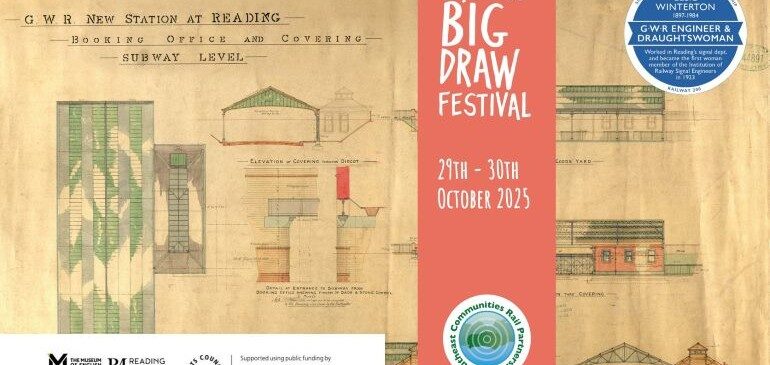 Front of flyer for Big Draw events in Reading with plan drawings of Reading station