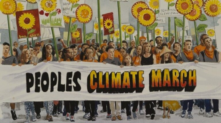 Illustration from Ladybird Books of people walking and holding a 'Peoples Climate March' banner