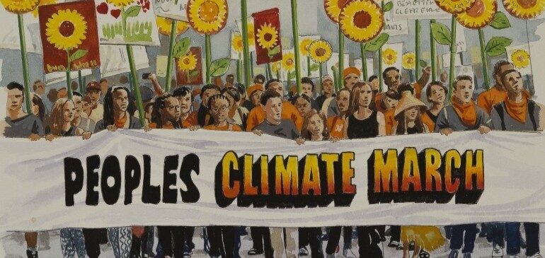 Illustration from Ladybird Books of people walking and holding a 'Peoples Climate March' banner