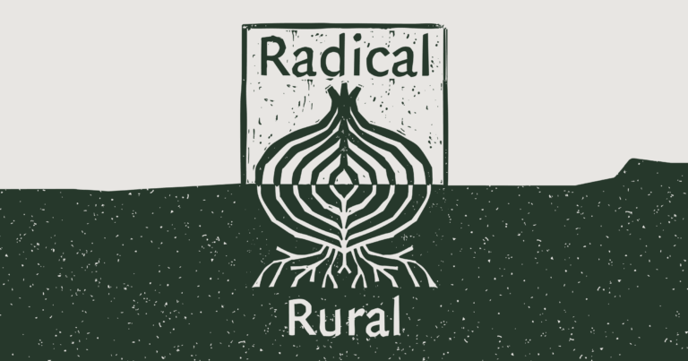 "Radical Rural." A line-art illustration of an onion taking root in the ground.