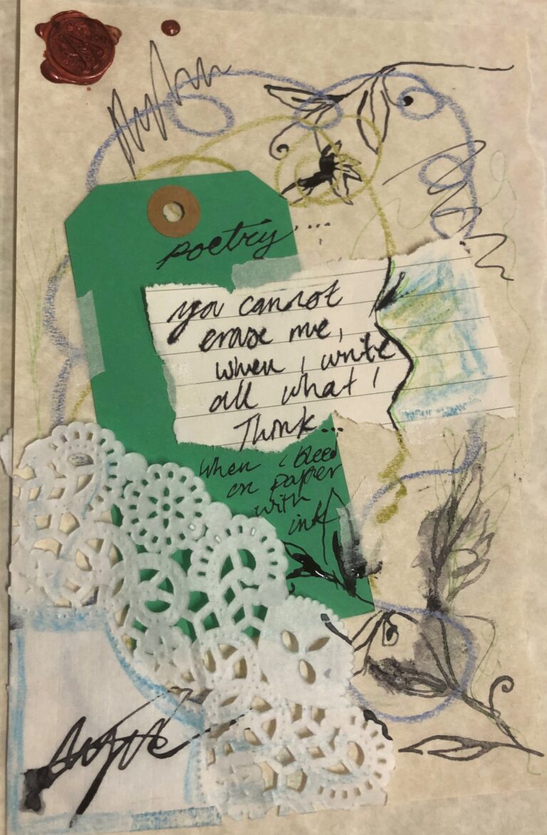 Collage of paper, writing and mark making made at the James Joyce writing activity at the Autumn Late