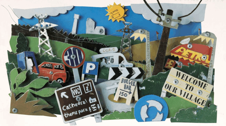 "Cluttered Countryside." A pastiche of different technologies and activities that disrupt the English countryside - from cars, to petrol stations, to tourism.