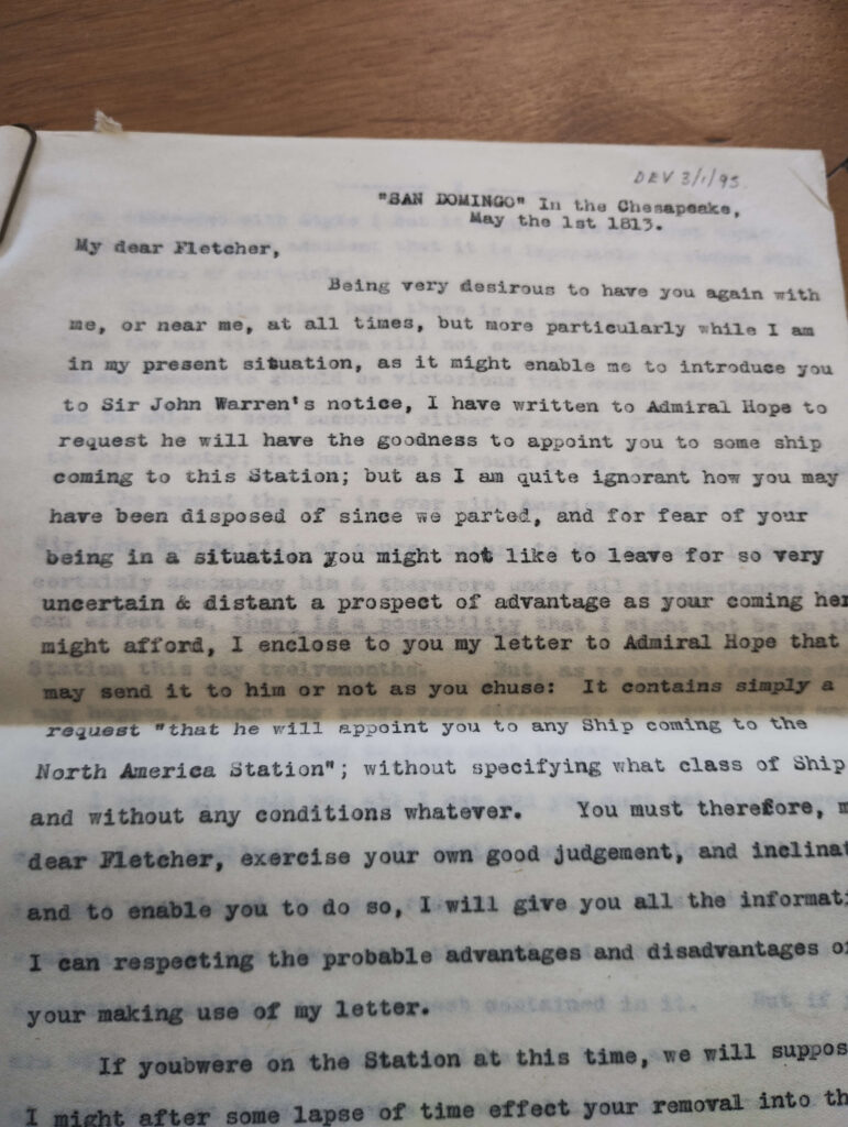 A letter by Henry Hotham to William Fletcher