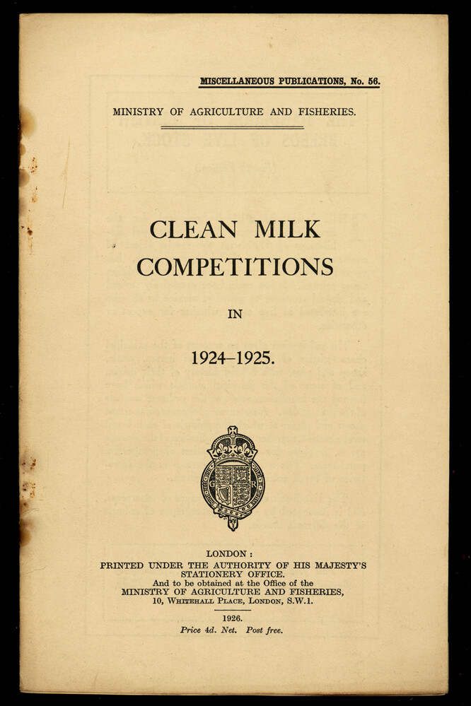 first page of a book on Clean Milk Competitions with a royal crest in the centre