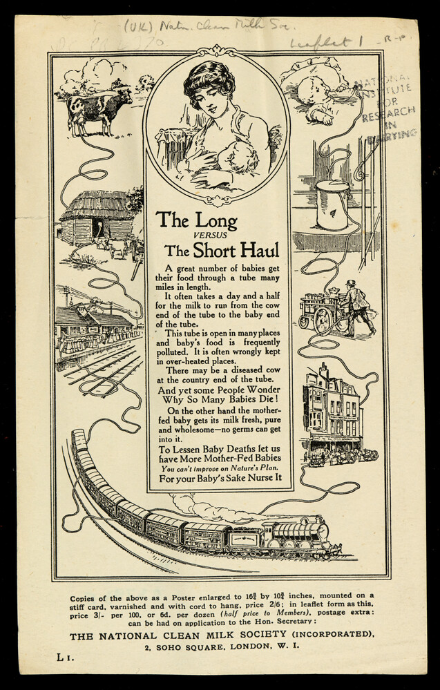 document with images of the journey of milk from cow to baby with a breast-fed baby in the centre