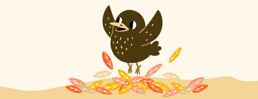 Friday Fledglings brand logo – a cartoon bird jumps through autumnal leaves