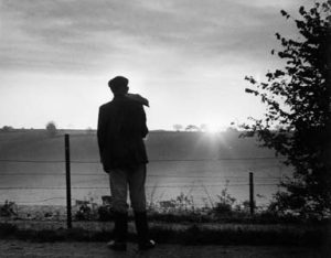 A black and white photograph from the Farmers Weekly Collection of a man standing looking away from the camera over a field towards a sunset.