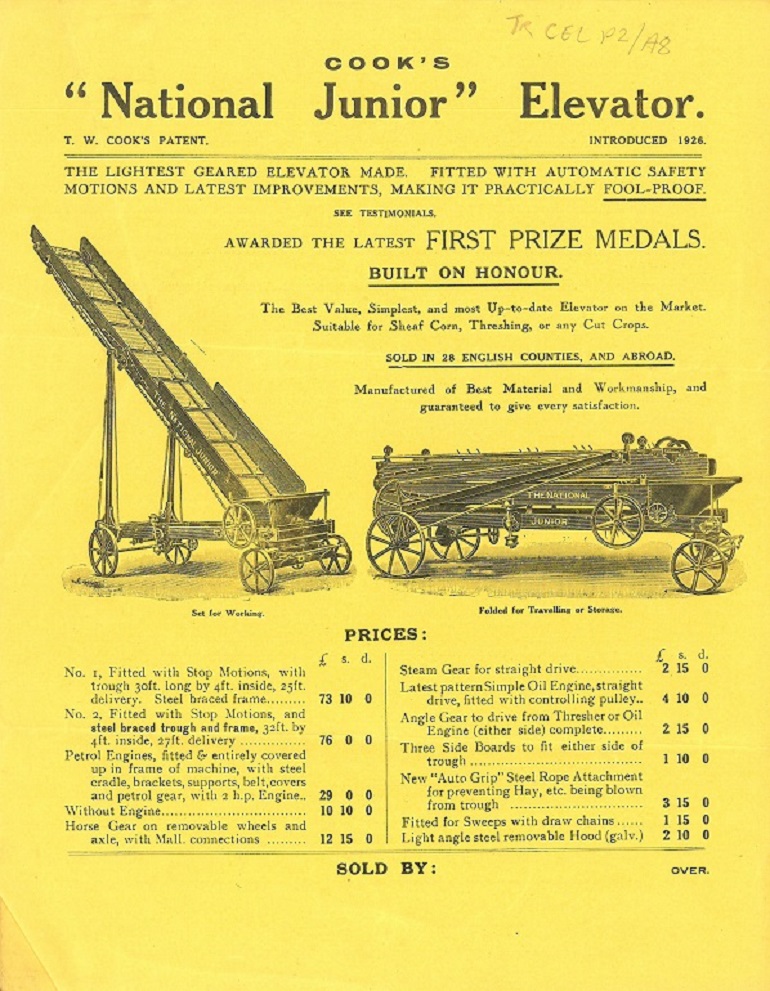 Leaflet advertising Cook's "National Junior Elevator", dated around 1930