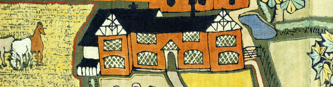 a detail of a tudor house on the Cheshire wallhanging by Michael O'Connell in the Our Country Lives gallery at The MERL